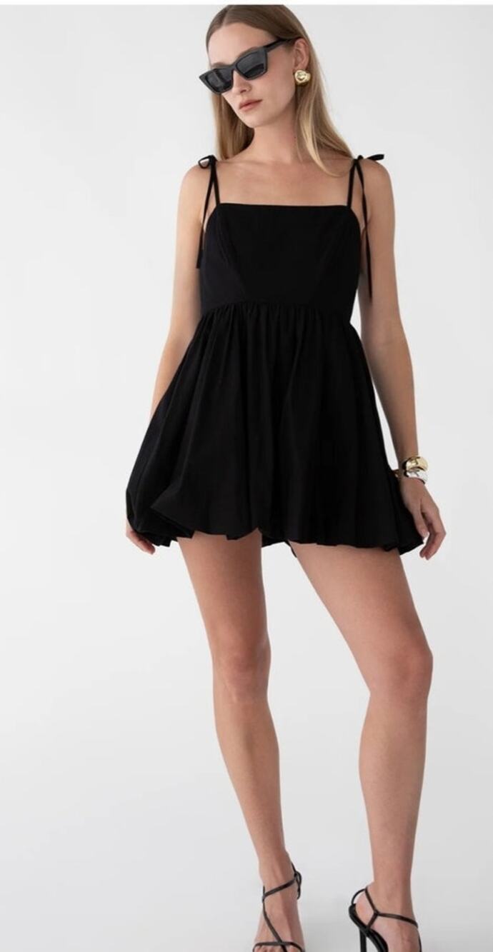 Oak + Fort Bubble Hem Mini Dress Black M Tie Strap Babydoll Cotton NWT